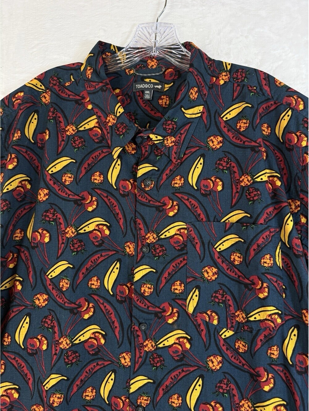 Toad And Co Mens Shirt XXL Fletcher Blue Fruit Print Short Sleeve Button Up
